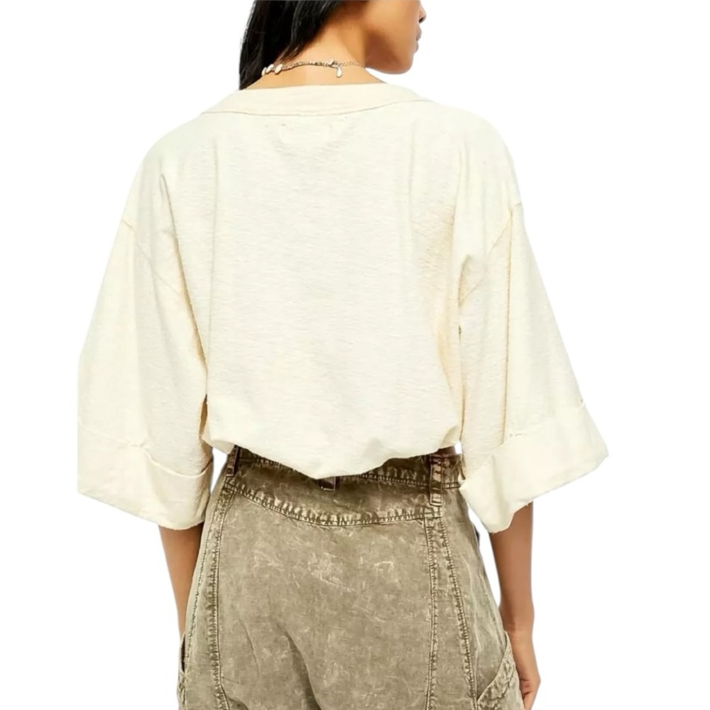 We The Free Linen Button Front 3/4 Sleeve Oversized Blouse Large Ivory - Picture 4 of 8